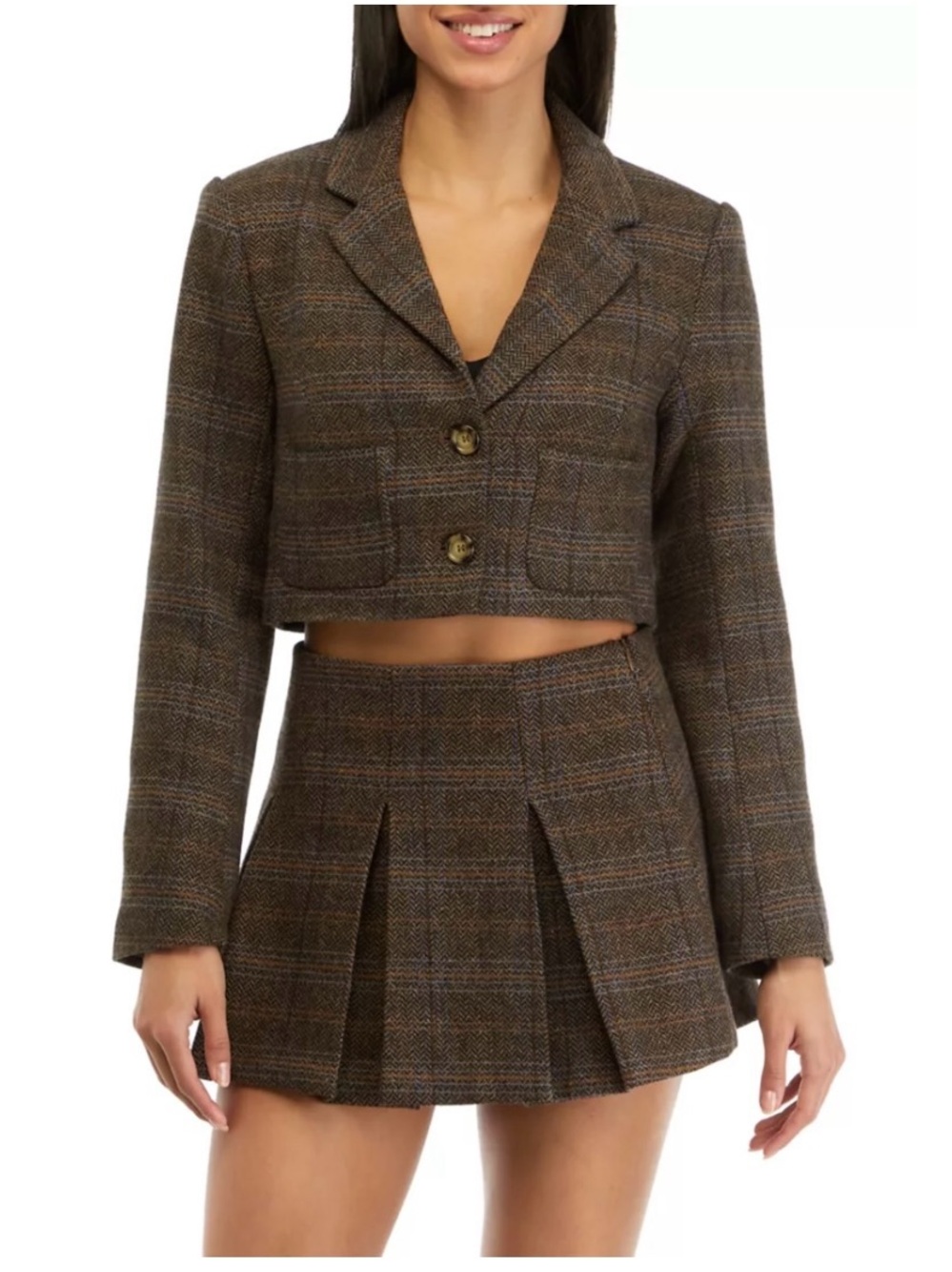 Astr Siarah Jacket; Cropped Plaid Blazer Jacket - Brown